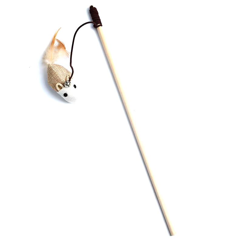 Wooden Cat Wand Toy with Colorful Feathers – Interactive Play for Kittens