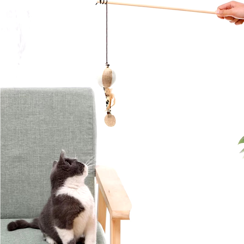 Wooden Cat Wand Toy with Colorful Feathers – Interactive Play for Kittens