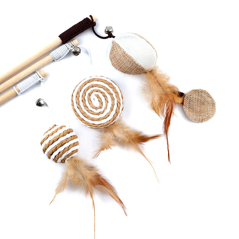 Wooden Cat Wand Toy with Colorful Feathers – Interactive Play for Kittens